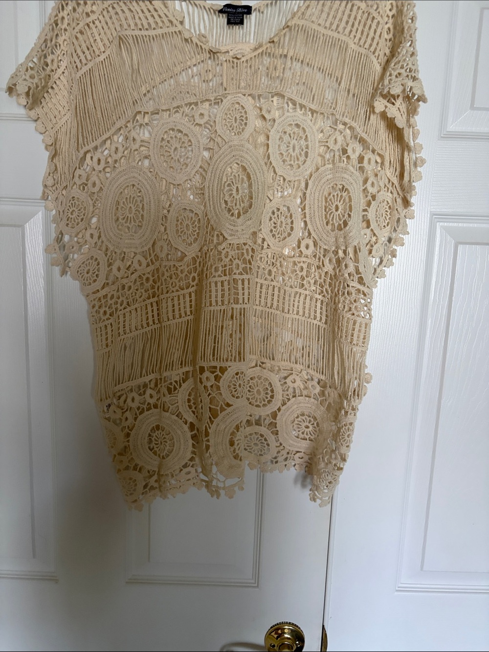 Venice Blue Beige Crochet Fringe Tunic Top